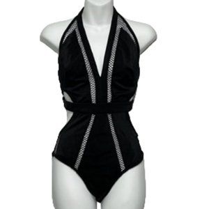 WOW COUTURE Black Mesh Cut Out One Piece Swimsuit  Size L NWT